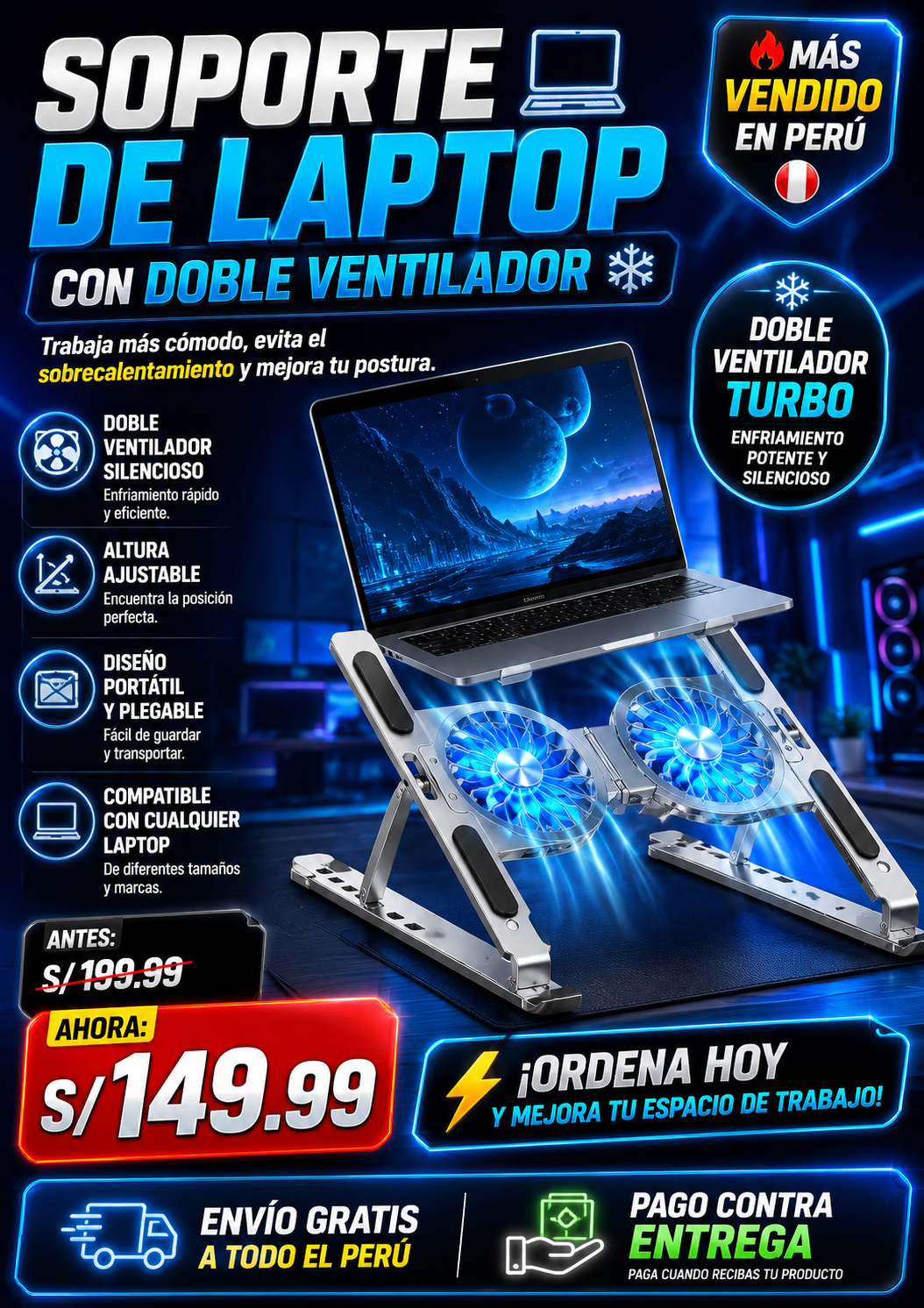 💻❄️ SOPORTE DE LAPTOP CON DOBLE VENTILADOR – PORTÁTIL Y AJUSTABLE ❄️💻