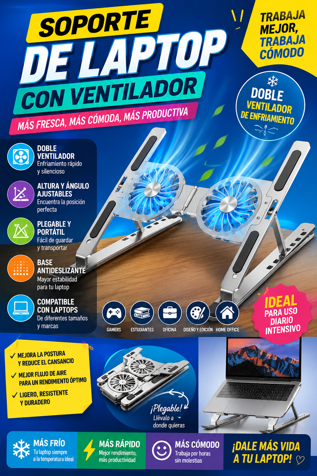 💻❄️ SOPORTE DE LAPTOP CON DOBLE VENTILADOR – PORTÁTIL Y AJUSTABLE ❄️💻